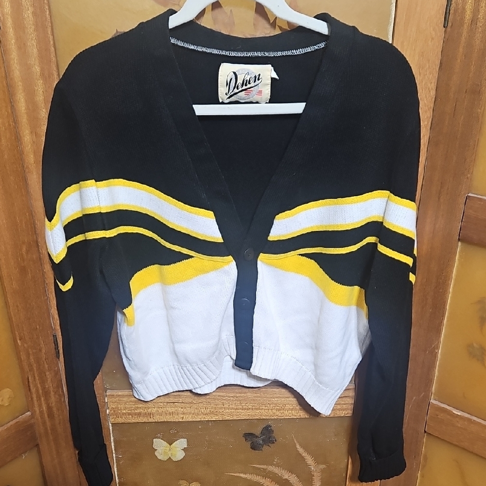 Vintage Dehen Preppy Varsity Black Cardigan with Yellow and White Stripes